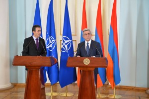 NATO Secretary General, Anders Fogh Rasmussen (left) and the President of Armenia, Serzh Sargsyan (right) during the press conference following their bilateral meeting