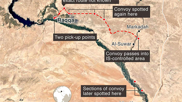 Carte indiquant le trajet emprunté par les forces de DAECH